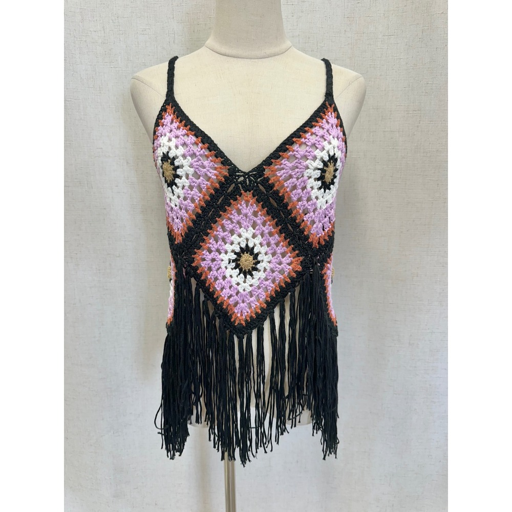 Rebellion Again Crochet Top Womens Small Multicolor Boho‎ Festival Fringe Cami